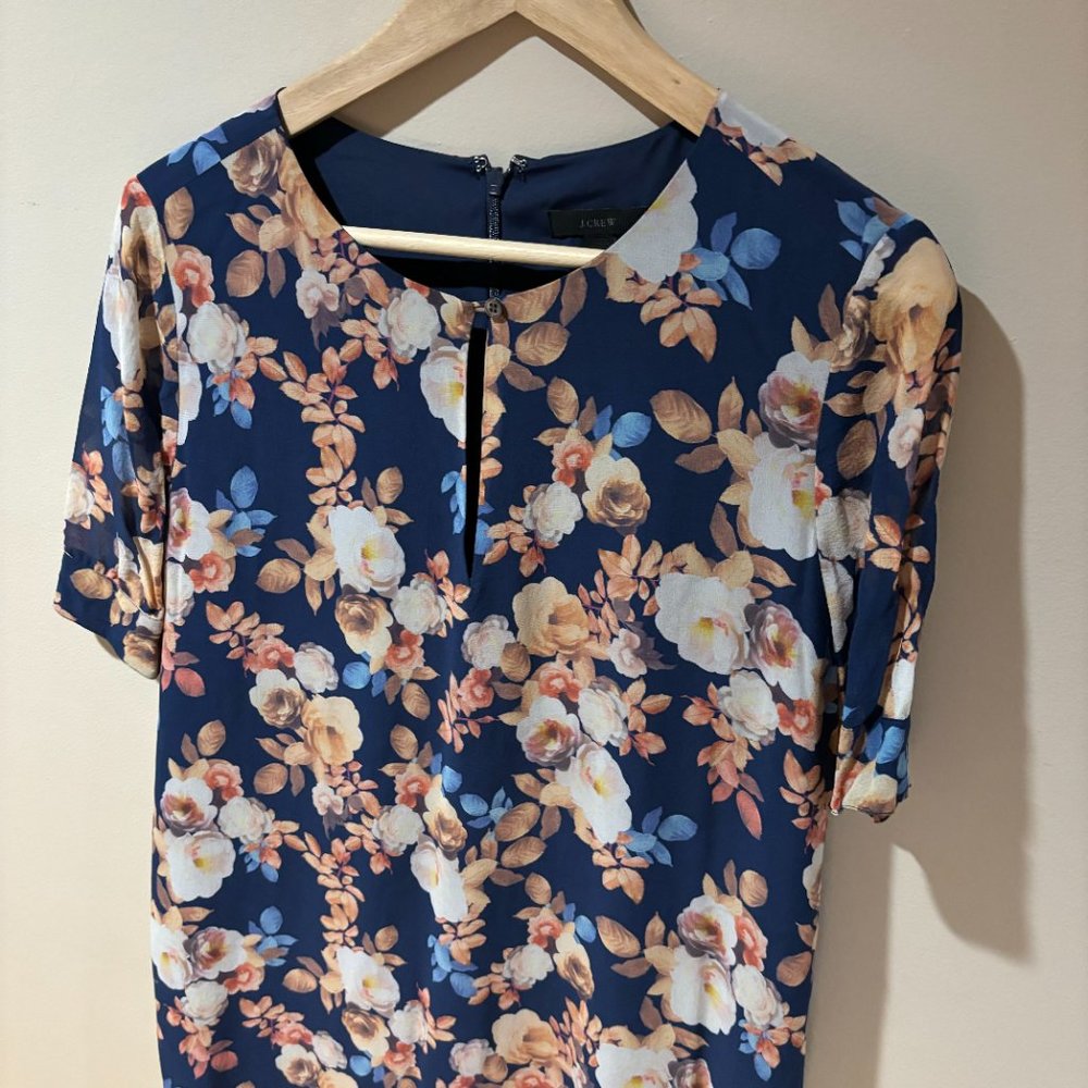 J. Crew Floral Silk Short Sleeve Shift Dress - 12 Tall, Blue White Pink - Picture 2 of 9